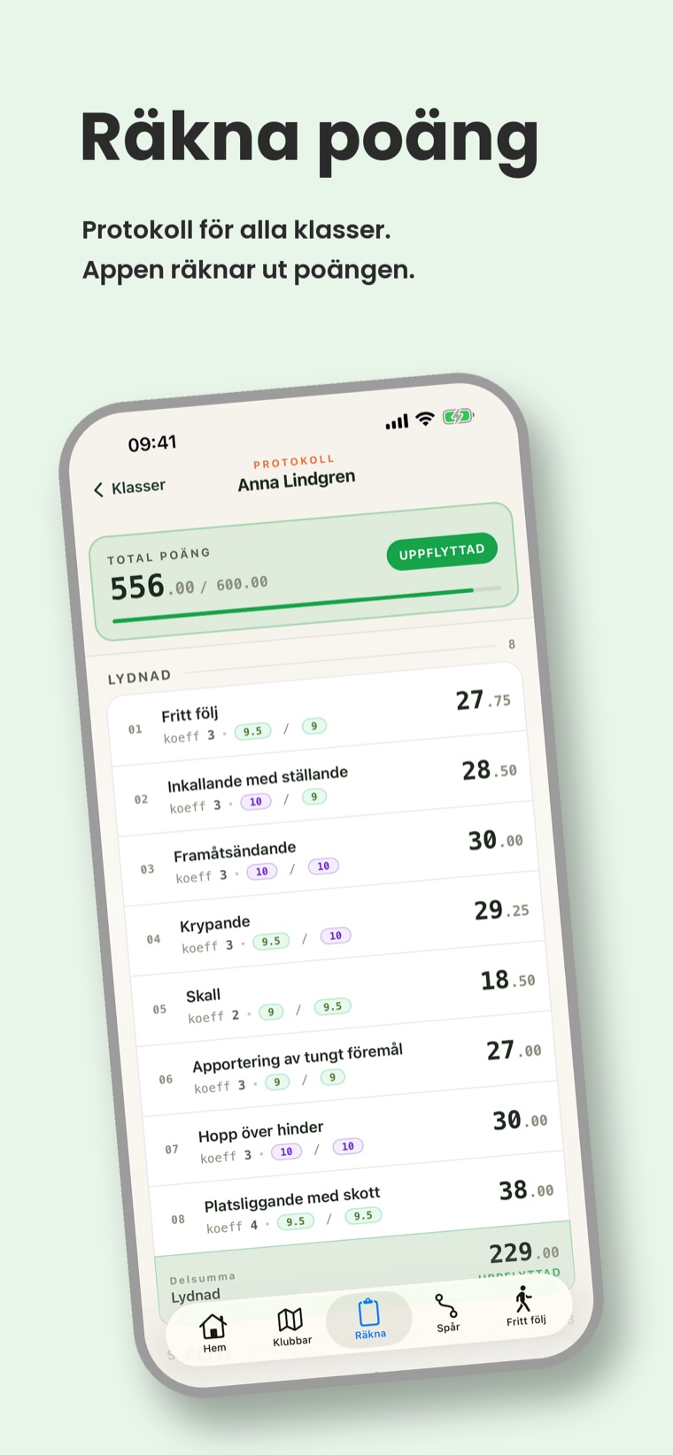 Protokoll med poäng per moment