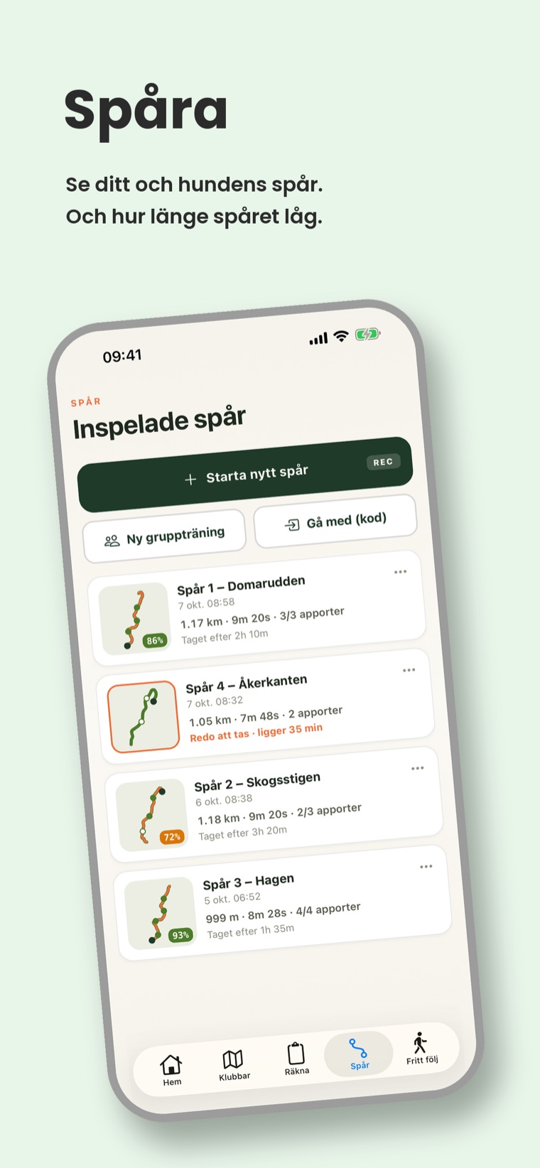 Spårlistan i Brukshund med inspelade spår, karta och tid